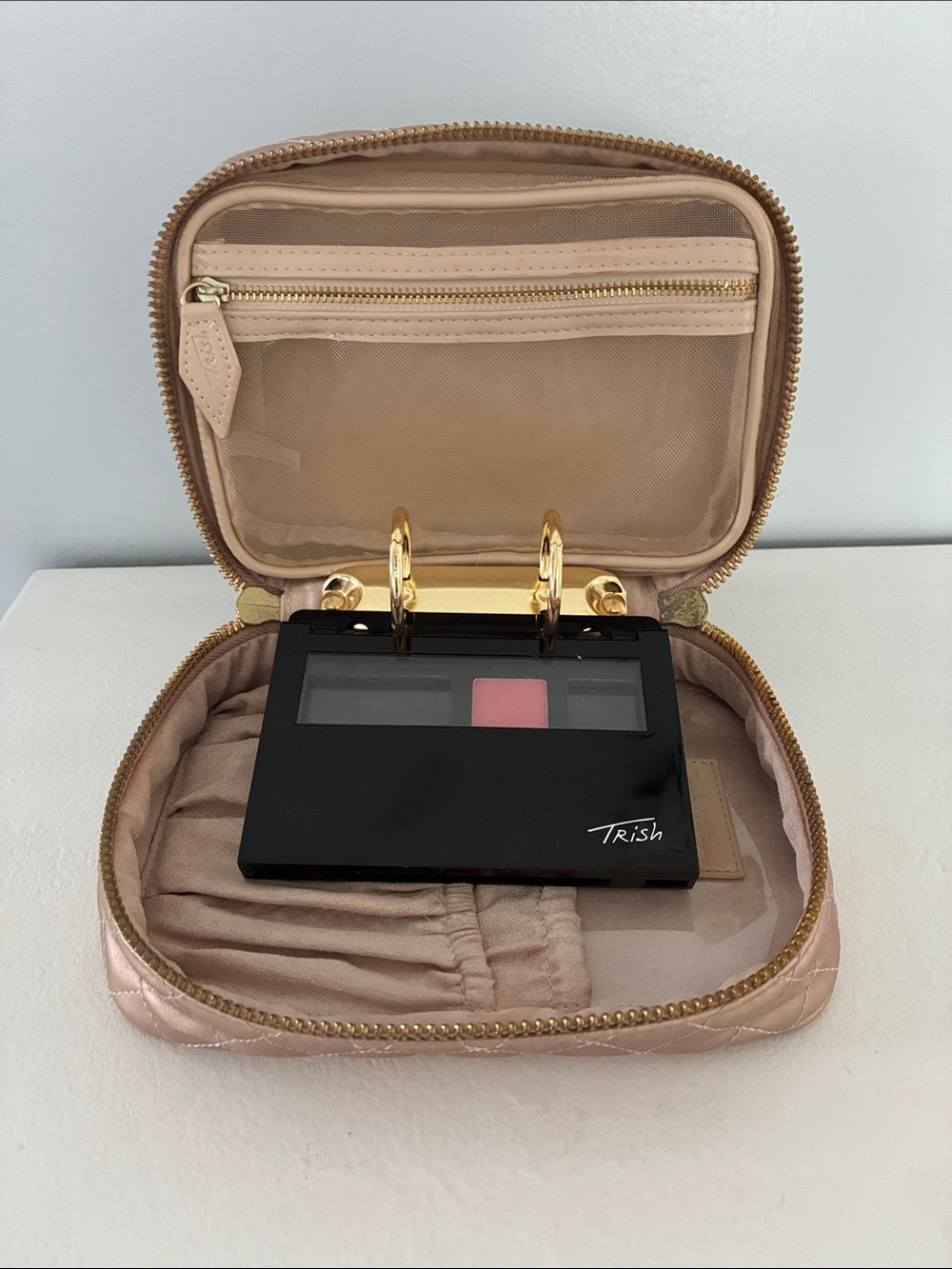 Trish McEvoy Quilted Blush Pink Makeup Case with Gold Hardware
